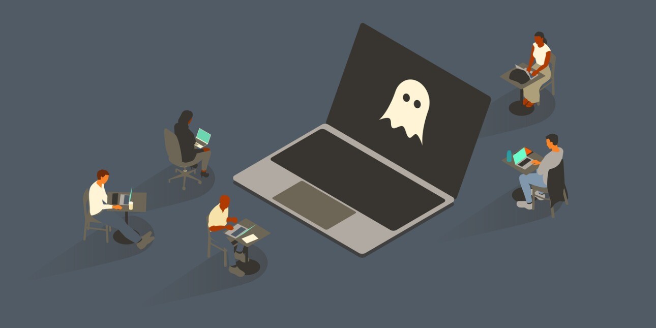 An illustration of a giant laptop with a ghost on the screen is surrounded by five people on laptops sat around it